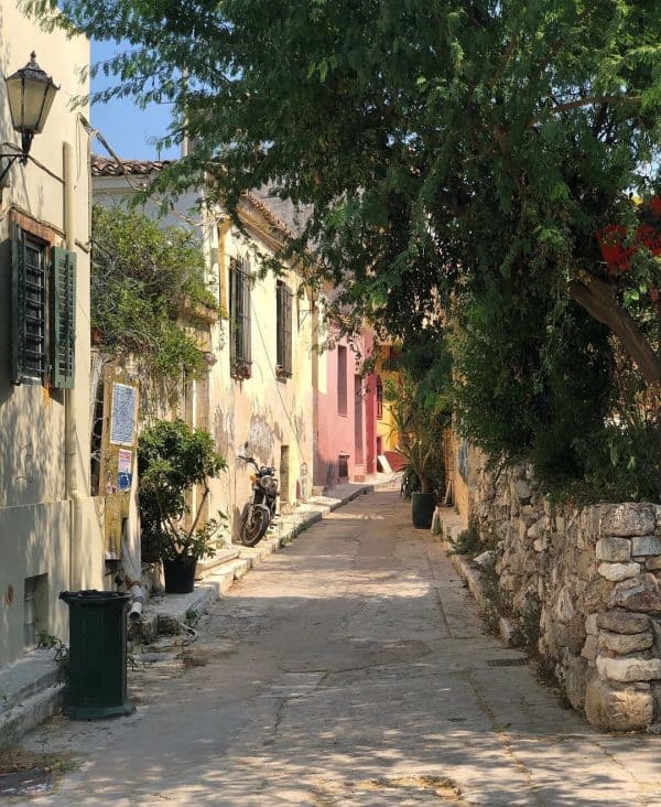 A narrow cobblestone street in the historic old town in Athens