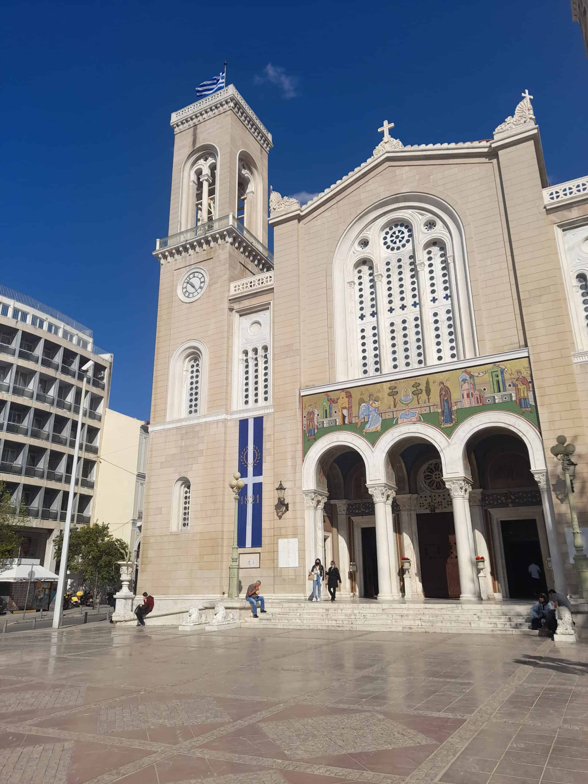 A grand cathedral with a central clock tower