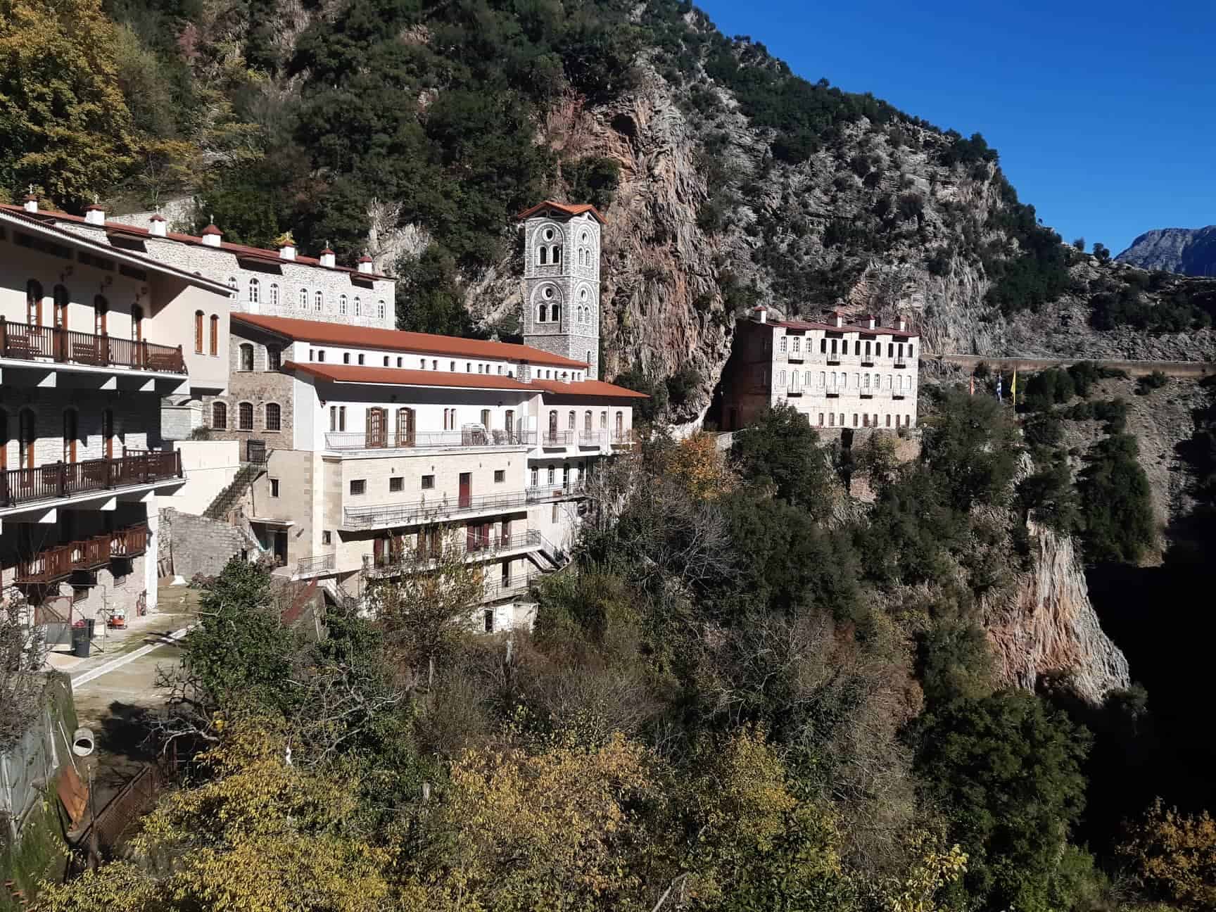 A serene monastery perched on a mountainside