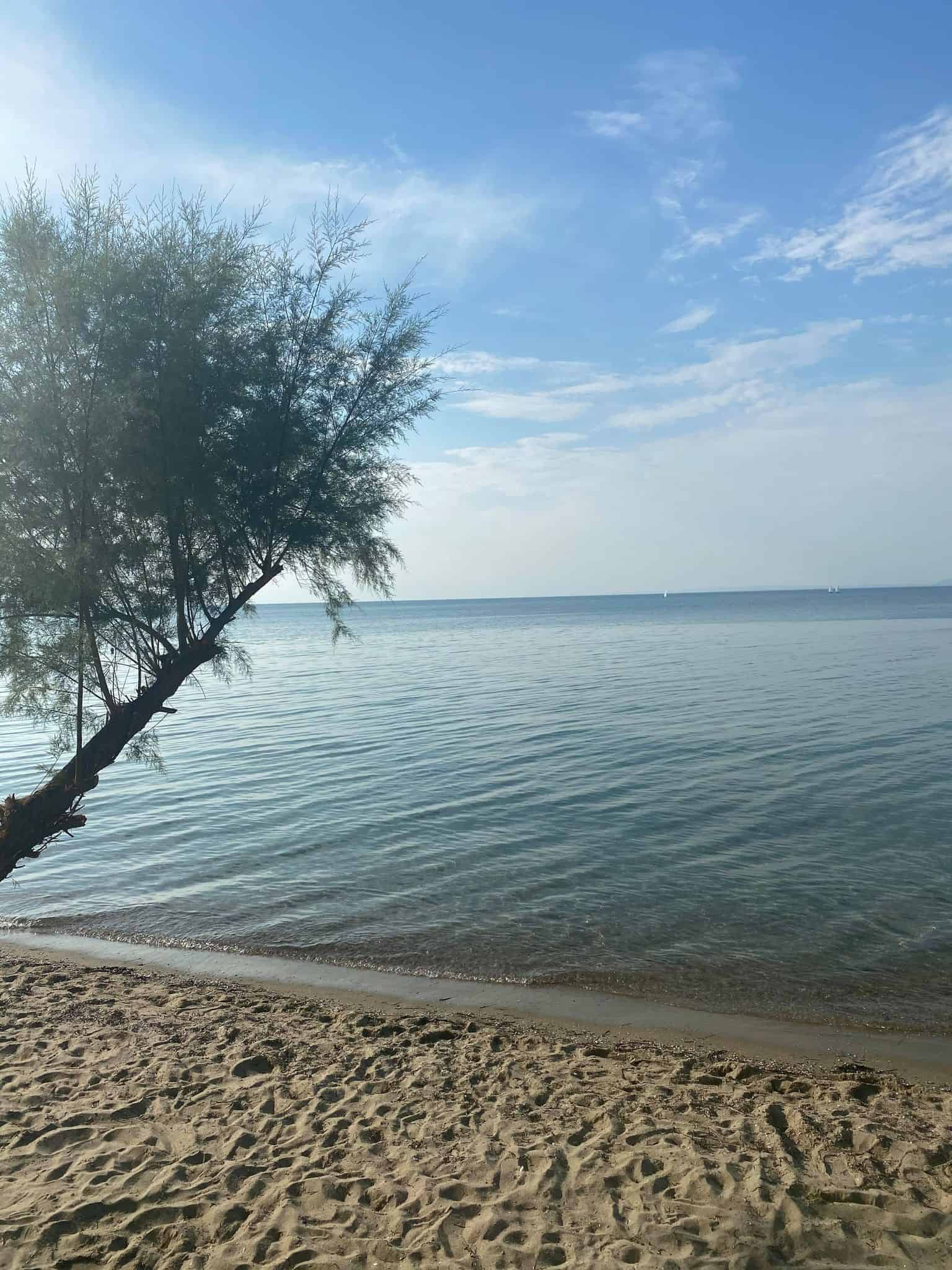 A serene sandy beach under a clear blue sky