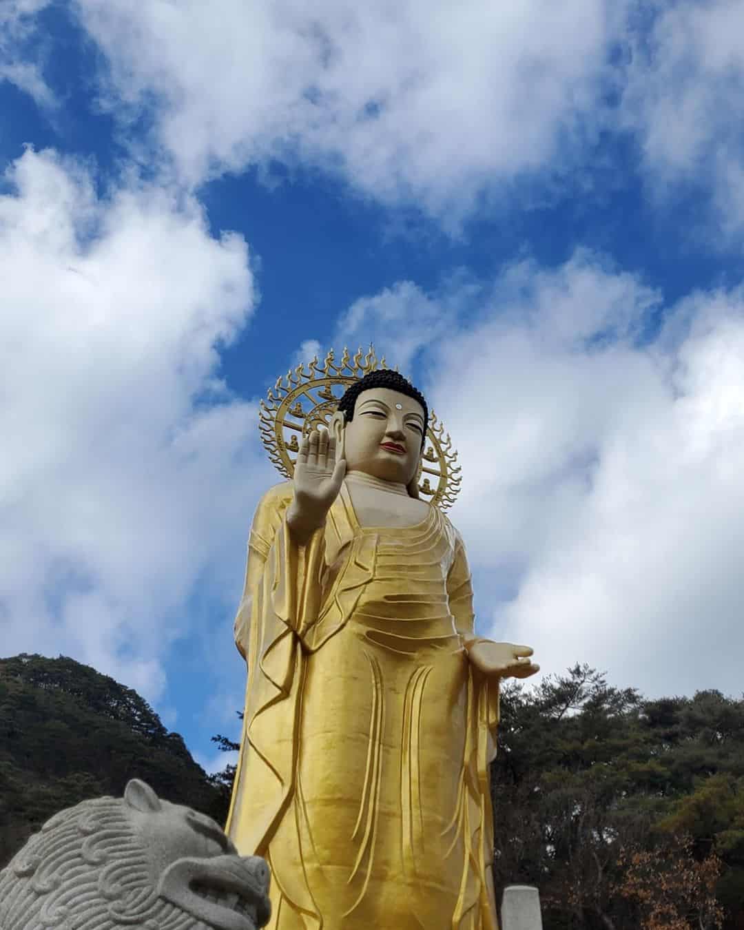 A golden Buddha statue stands against a clear blue sky in Korea