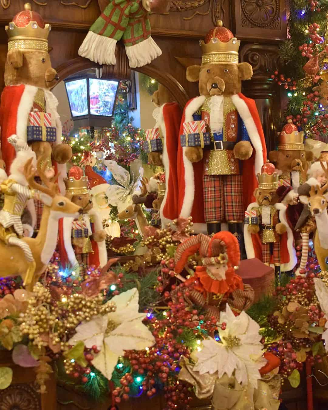 A vibrant display of Christmas decorations in a store