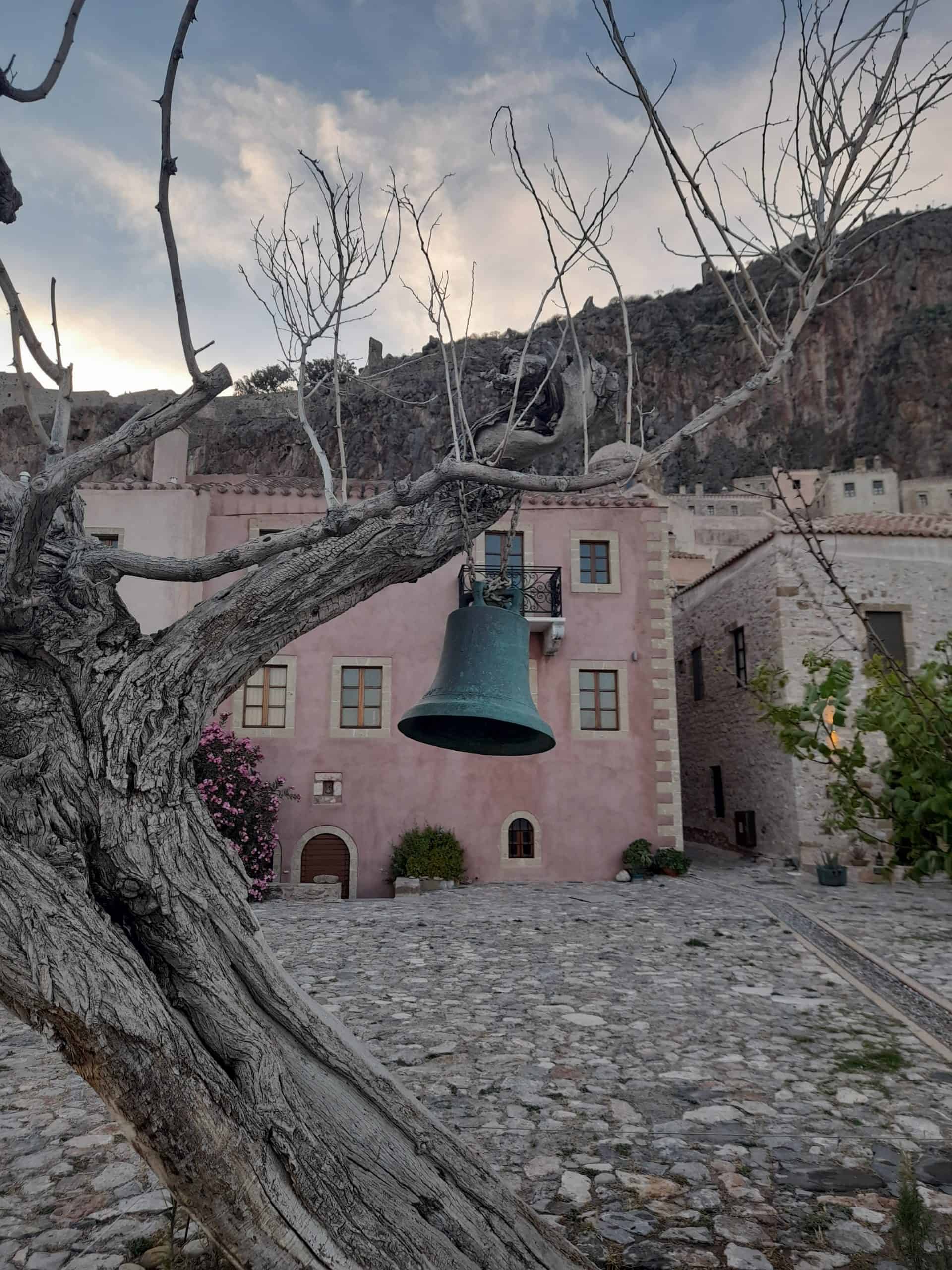 A bell perched on a tree in front of a pink building