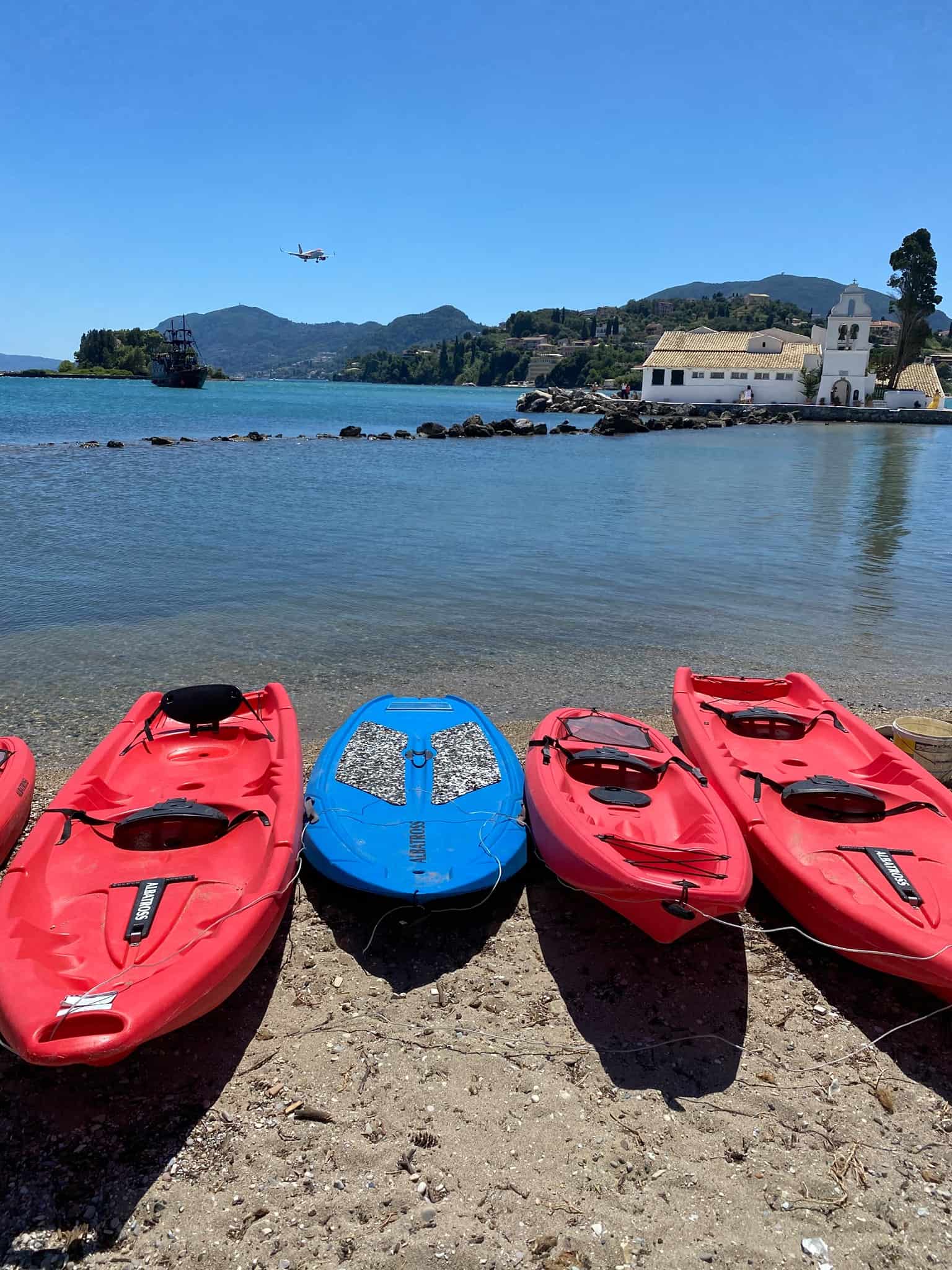 A collection of kayaks lined up on the shoreline