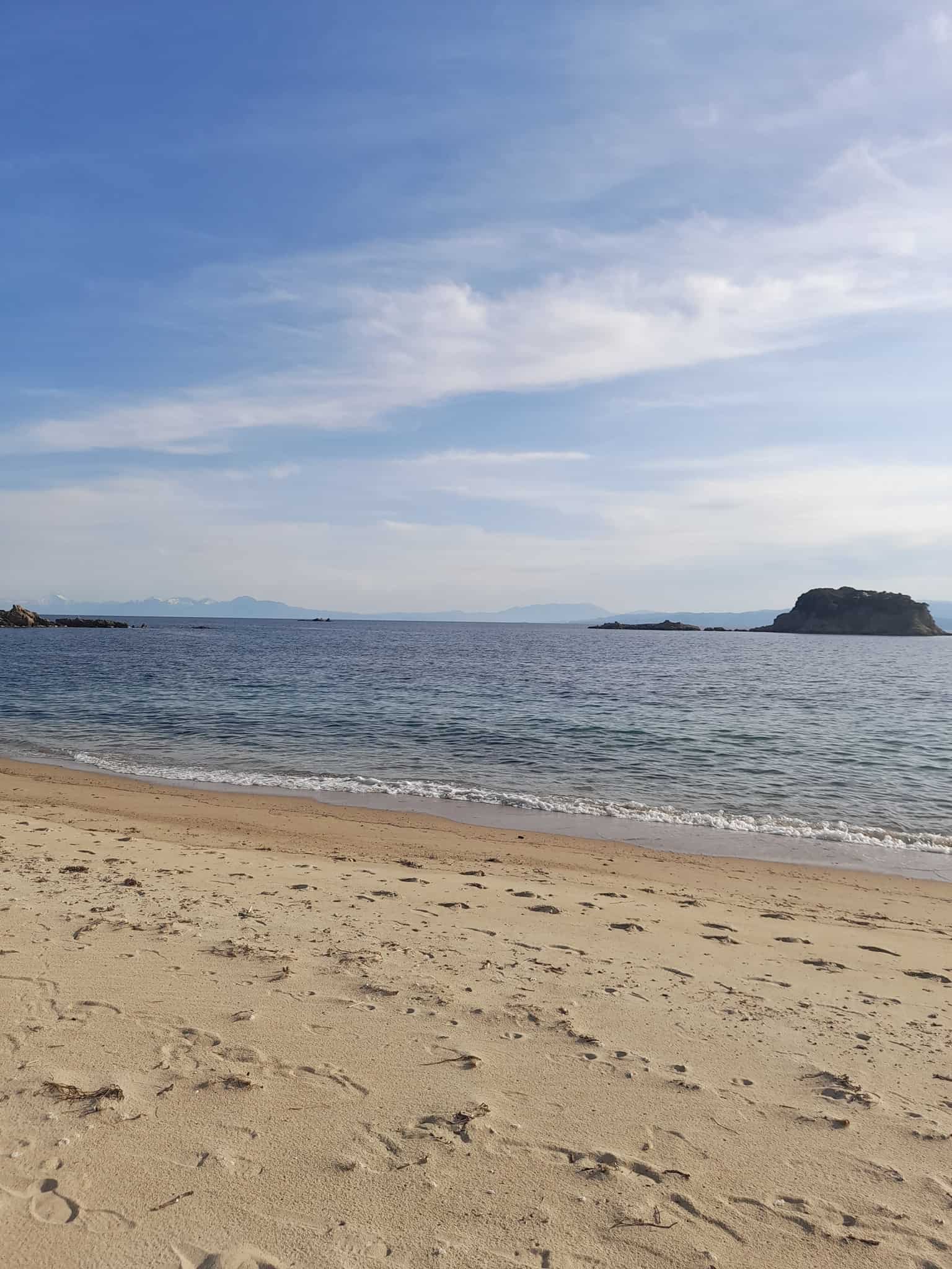 A serene sandy beach under a clear blue sky