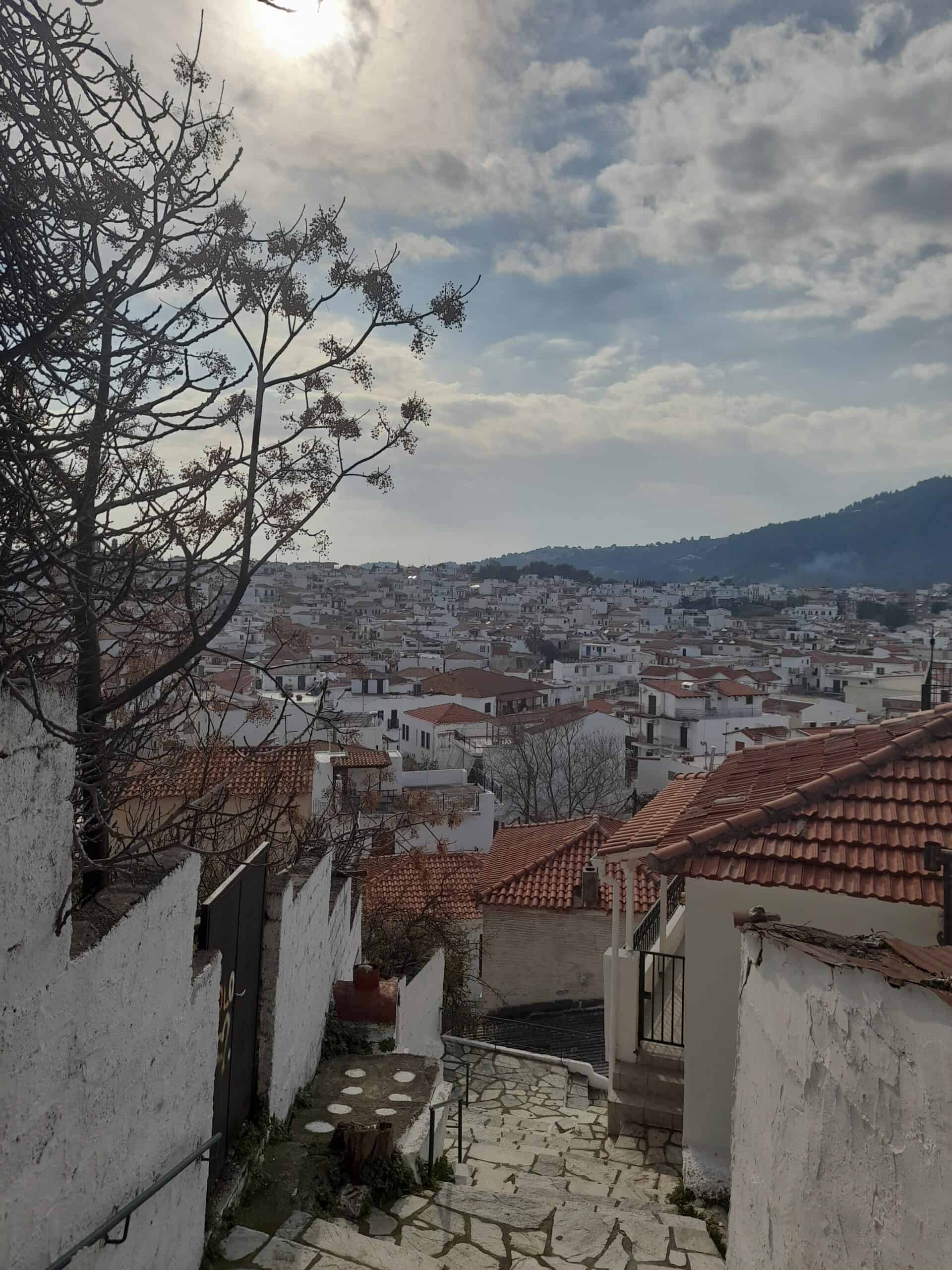 A panoramic view of the town nestled below