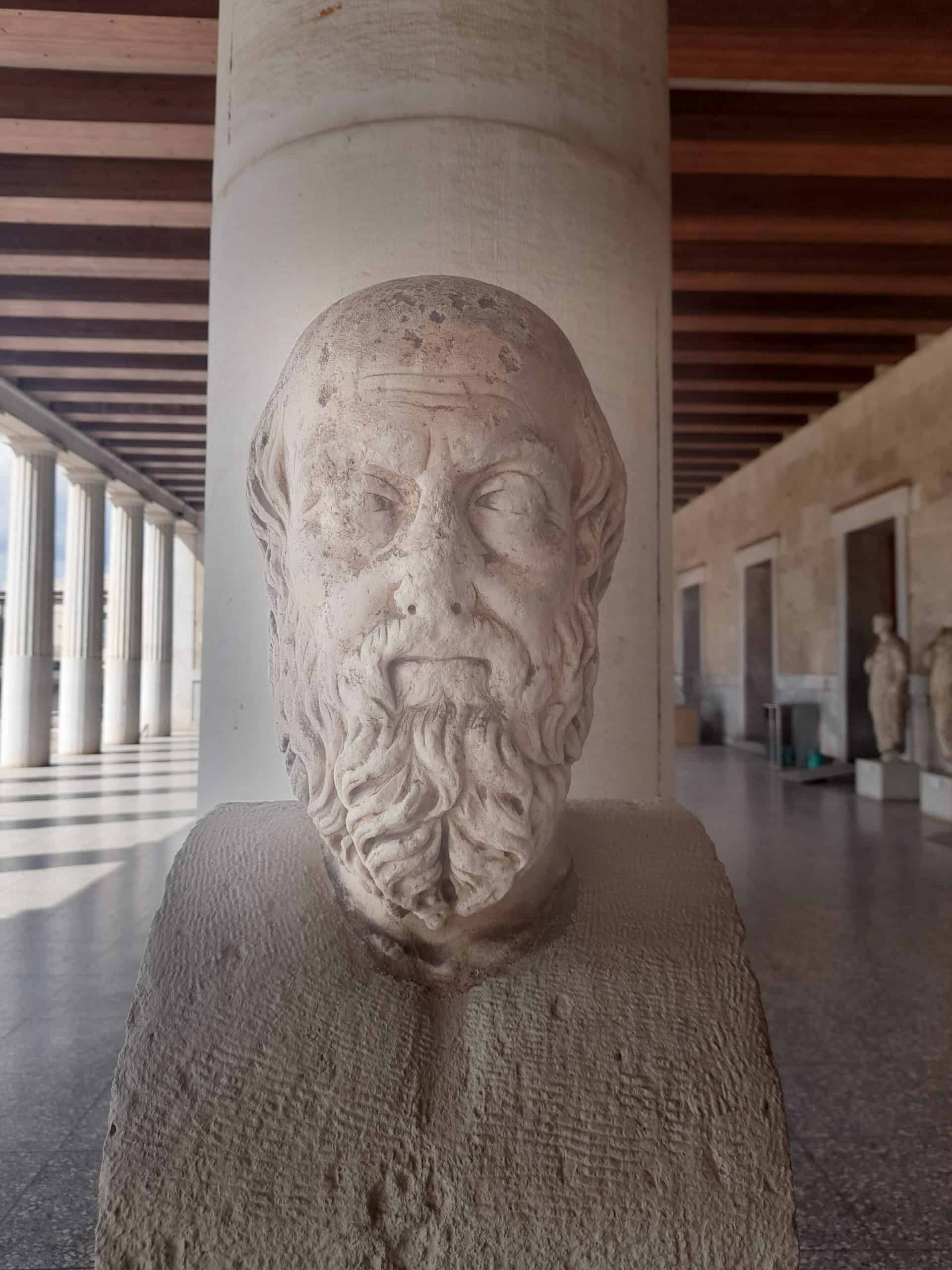 Ancient bust of Herodotus in stoa of Attalos, Athens, Greece