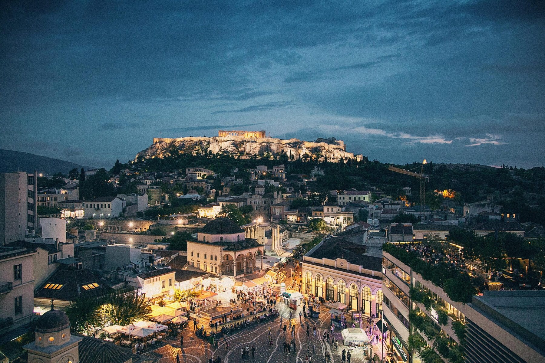 Dusk settles over the Acropolis in Athens, Greece