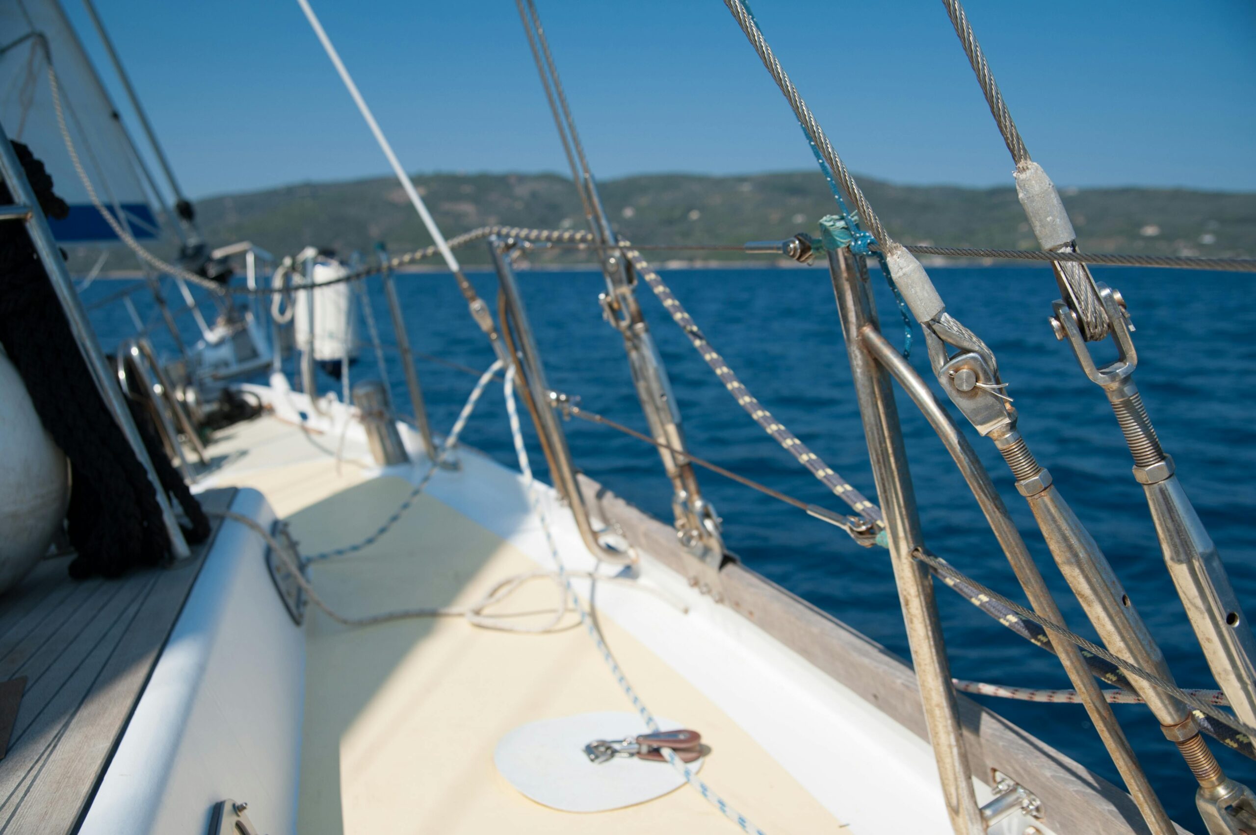 A close-up view of the bow of a sailboat