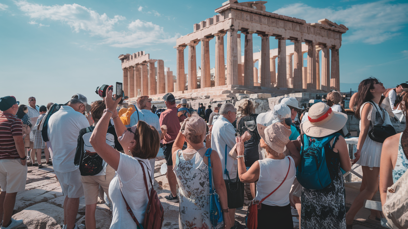 Tourists exploring the Acropolis in Athens, Greece,