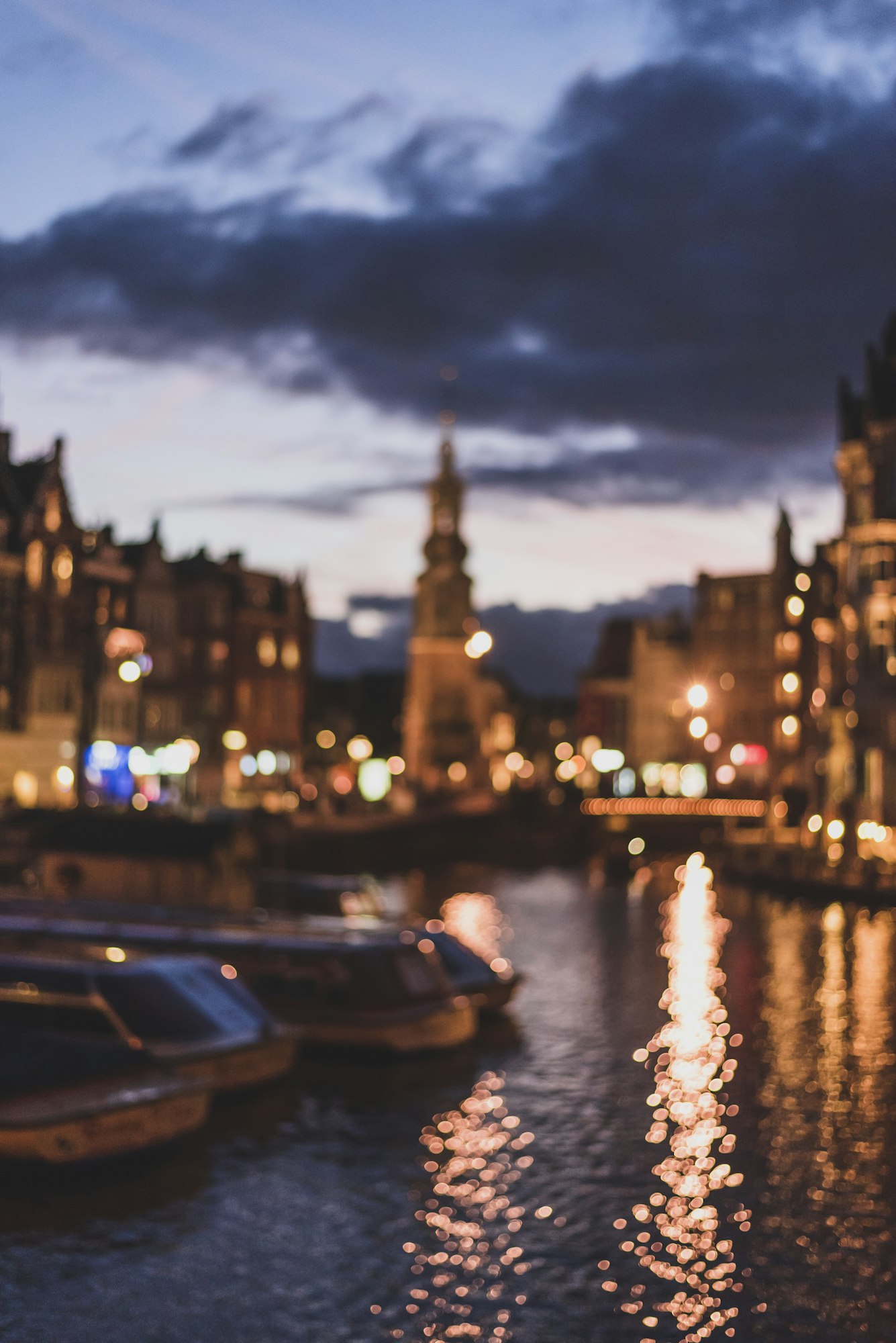 Street lights of evening Amsterdam.