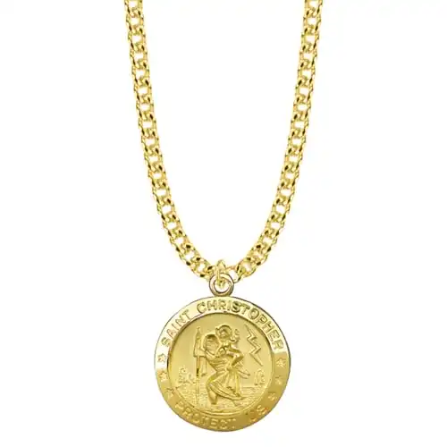 TrueFaithJewelry 14K Gold-Plated Sterling Silver Saint Christopher Medal Patron Saint Pendant Necklace Religious Jewelry, 3/4 Inch