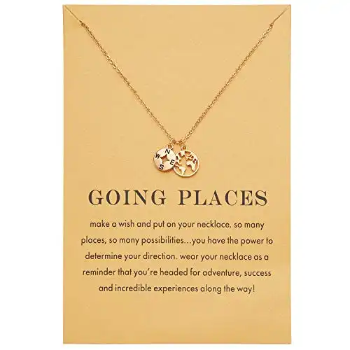 Zealmer Dainty Yellow Gold Plated Compass World Map Pendant Necklace Graduation Gift for Friends