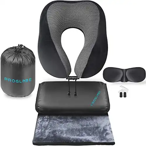 Proglobe Travel Blanket Luxury Travel Set - Ergonomic Airplane Neck Pillow 100% Pure Memory Foam and Super Soft Fleece Blanket - Premium 3D Sleep Mask & Earplugs - Ultimate 4-in-1 Travel Kit Black