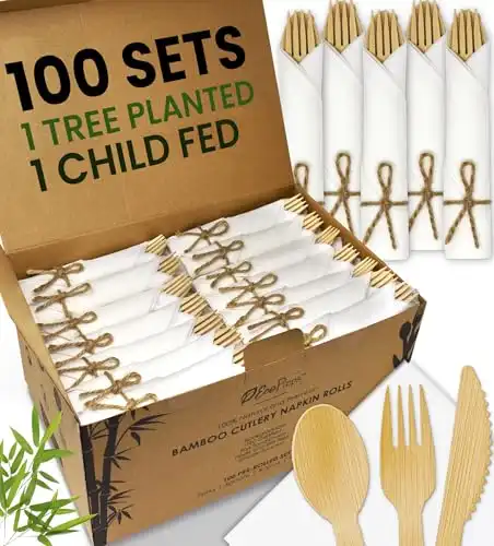 EcoPreps Premium Pre-Rolled Napkin and Bamboo Cutlery Set (100 Pack, 400 PCS) 100% Biodegradable, Eco-Friendly, Disposable Wrapped Cutlery - Includes Pre-Wrapped Bamboo Forks, Knives, Spoons, Napkins