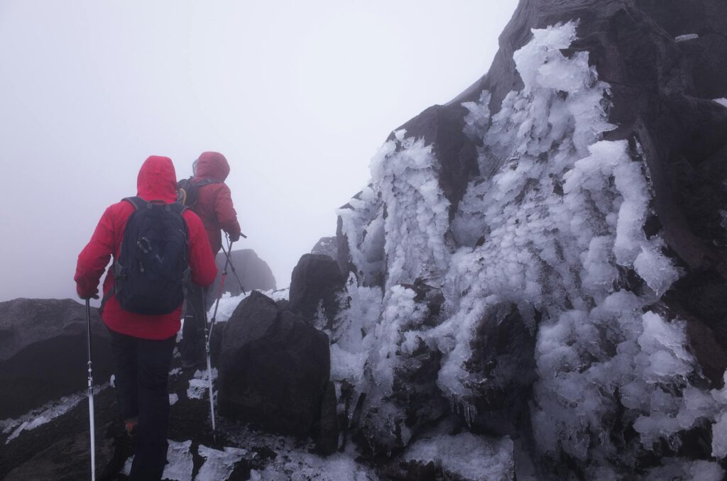 travels hiking in icy mountains