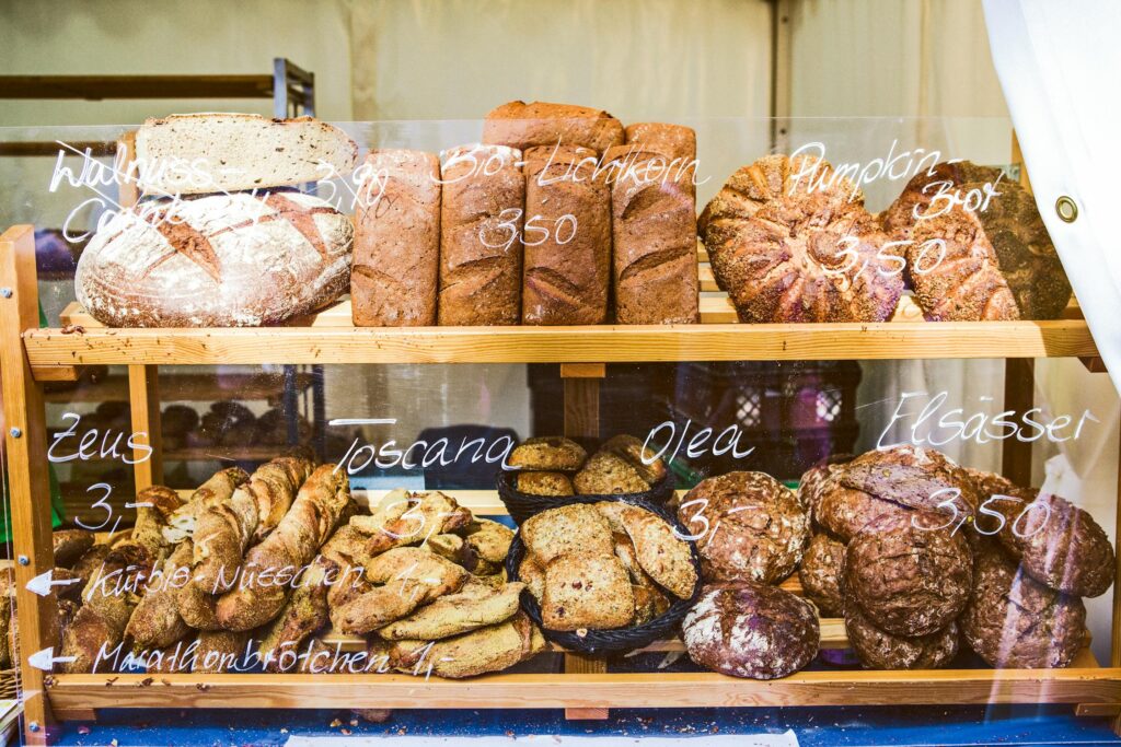 A tempting array of freshly baked breads at a local market in Berlin, Germany.