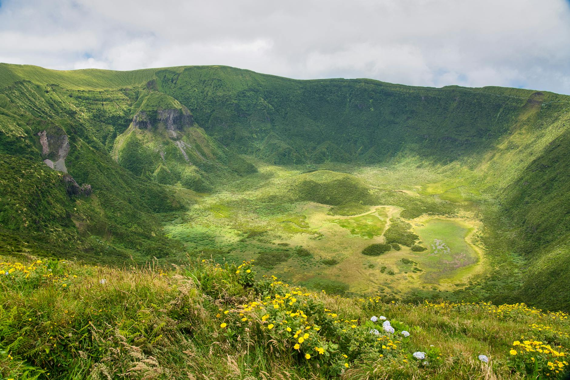 Breathtaking view of the lush green Caldeira on Faial Island, Azores.