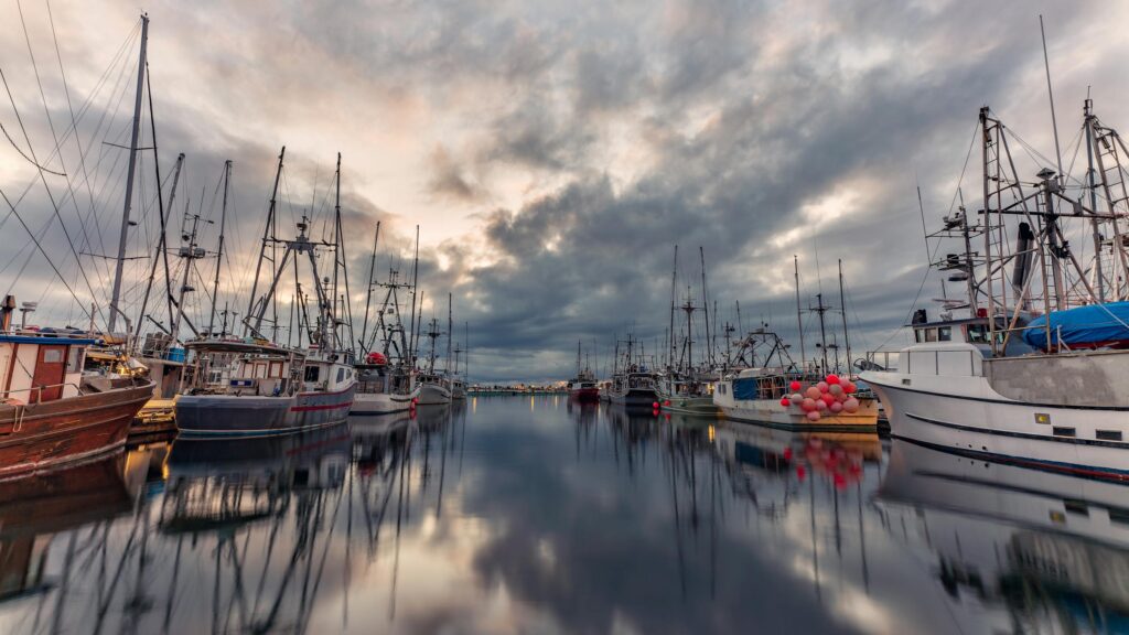 Tranquil scene of a marina with fishing boats reflecting on the calm water during sunset.