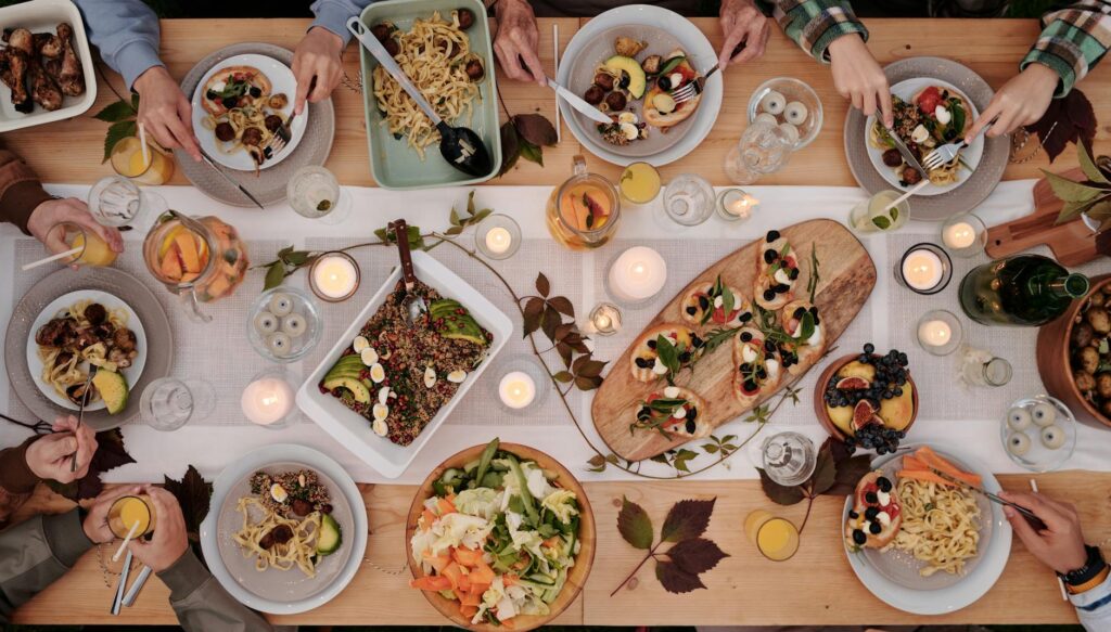 top view of various meals on a wooden table
