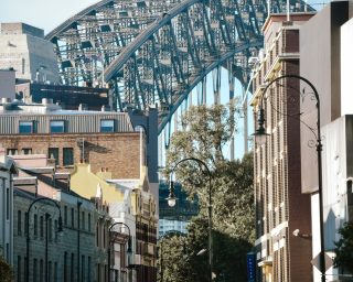 A view of the Sydney Harbor Bridge from The Rocks.