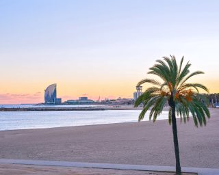 Barcelona Beach at sunset Platja Nova Icaria or Barceloneta view