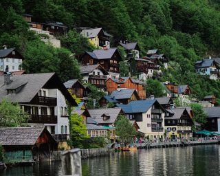 Beautiful scenic landscape over Austrian alps lake in Hallstatt,