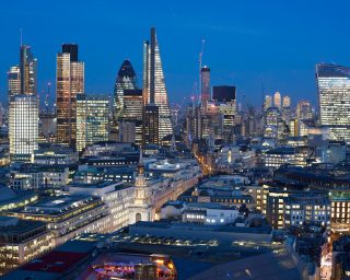 Financial district of London at night, England,