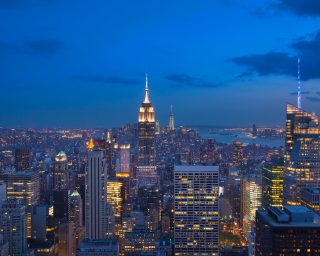 High angle view of midtown Manhattan and Empire State Building at night, New York, USA