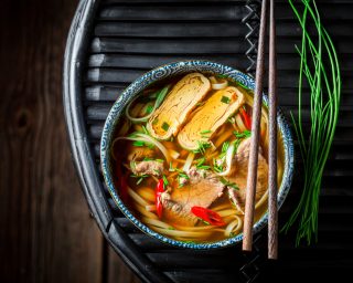 Red Curry soup with beef and noodle. Traditional Thai cuisine.