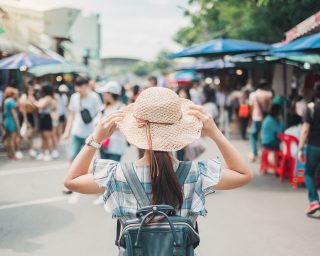 traveler standing at Chatuchak Weekend Market, landmark for tourist attractions in Bangkok, Thailand