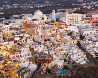 View of Fira at sunset on Santorini island, Greece.