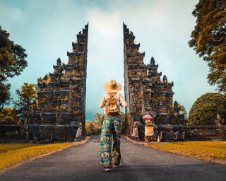 Woman with backpack exploring Bali, Indonesia.